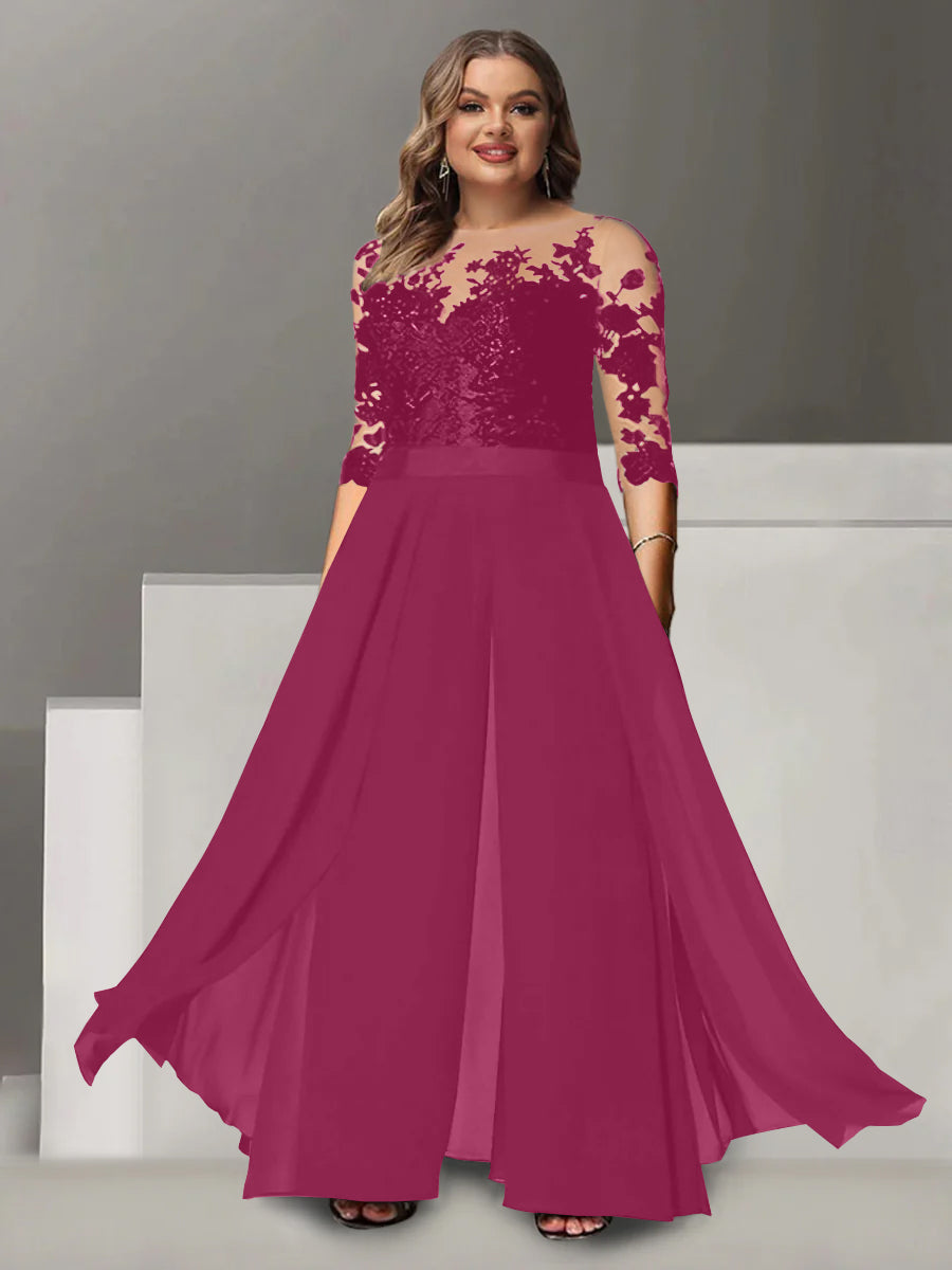 A Line Long Plus Size Mother of the Bride Pantsuit with Applique and 3/4 Sleeves Jewel Neck