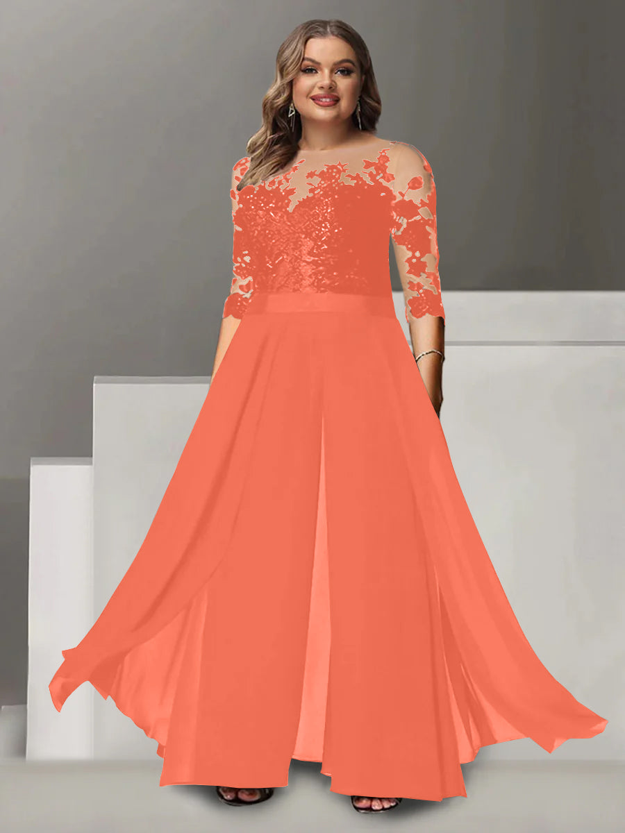 A Line Long Plus Size Mother of the Bride Pantsuit with Applique and 3/4 Sleeves Jewel Neck