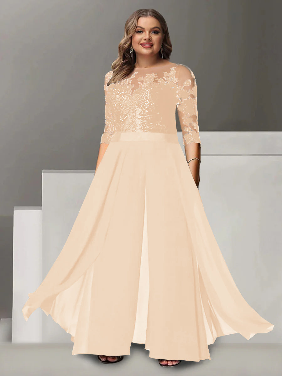 A Line Long Plus Size Mother of the Bride Pantsuit with Applique and 3/4 Sleeves Jewel Neck