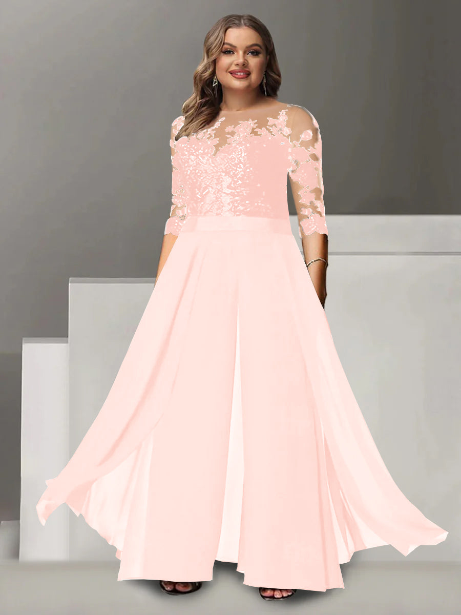 A Line Long Plus Size Mother of the Bride Pantsuit with Applique and 3/4 Sleeves Jewel Neck