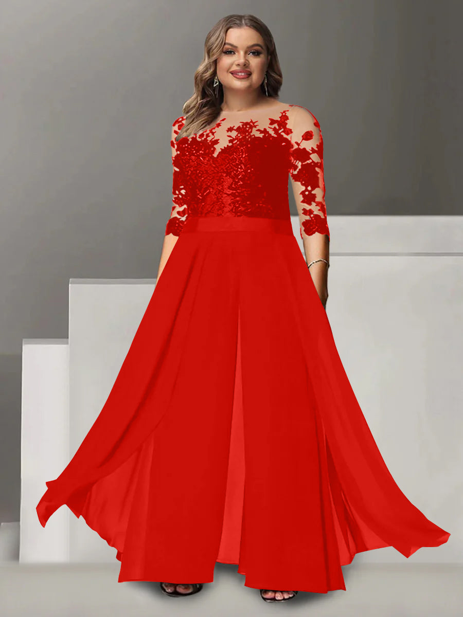 A Line Long Plus Size Mother of the Bride Pantsuit with Applique and 3/4 Sleeves Jewel Neck
