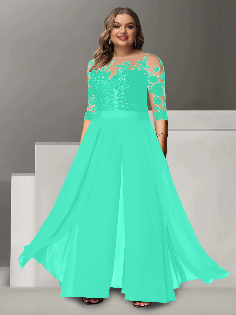A Line Long Plus Size Mother of the Bride Pantsuit with Applique and 3/4 Sleeves Jewel Neck