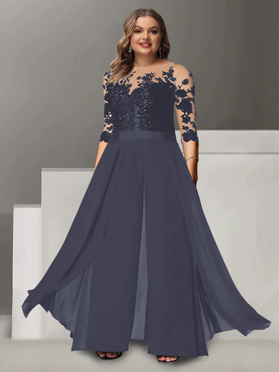 A Line Long Plus Size Mother of the Bride Pantsuit with Applique and 3/4 Sleeves Jewel Neck