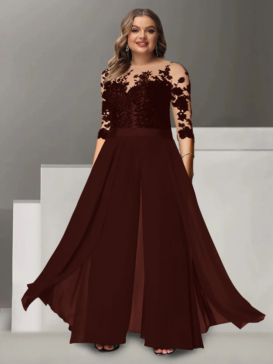 A Line Long Plus Size Mother of the Bride Pantsuit with Applique and 3/4 Sleeves Jewel Neck