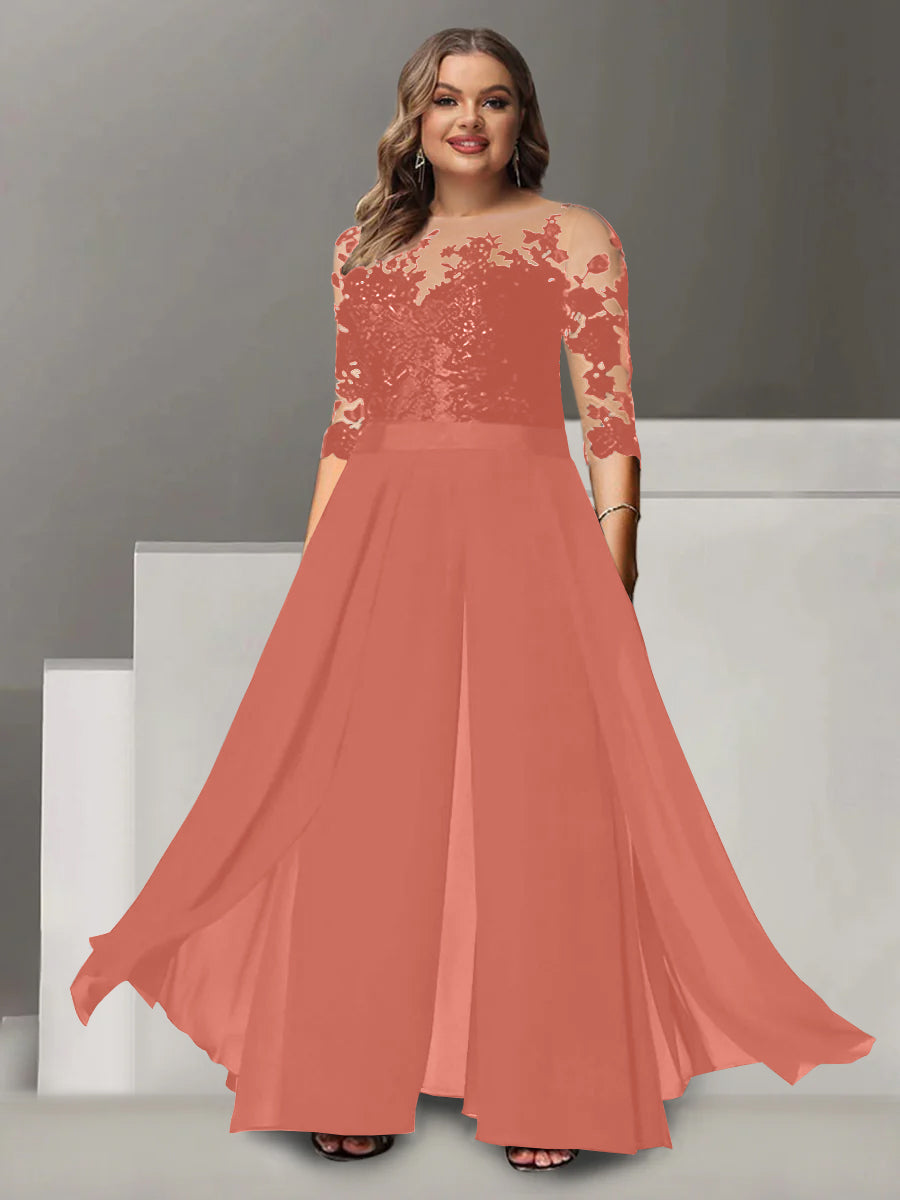 A Line Long Plus Size Mother of the Bride Pantsuit with Applique and 3/4 Sleeves Jewel Neck