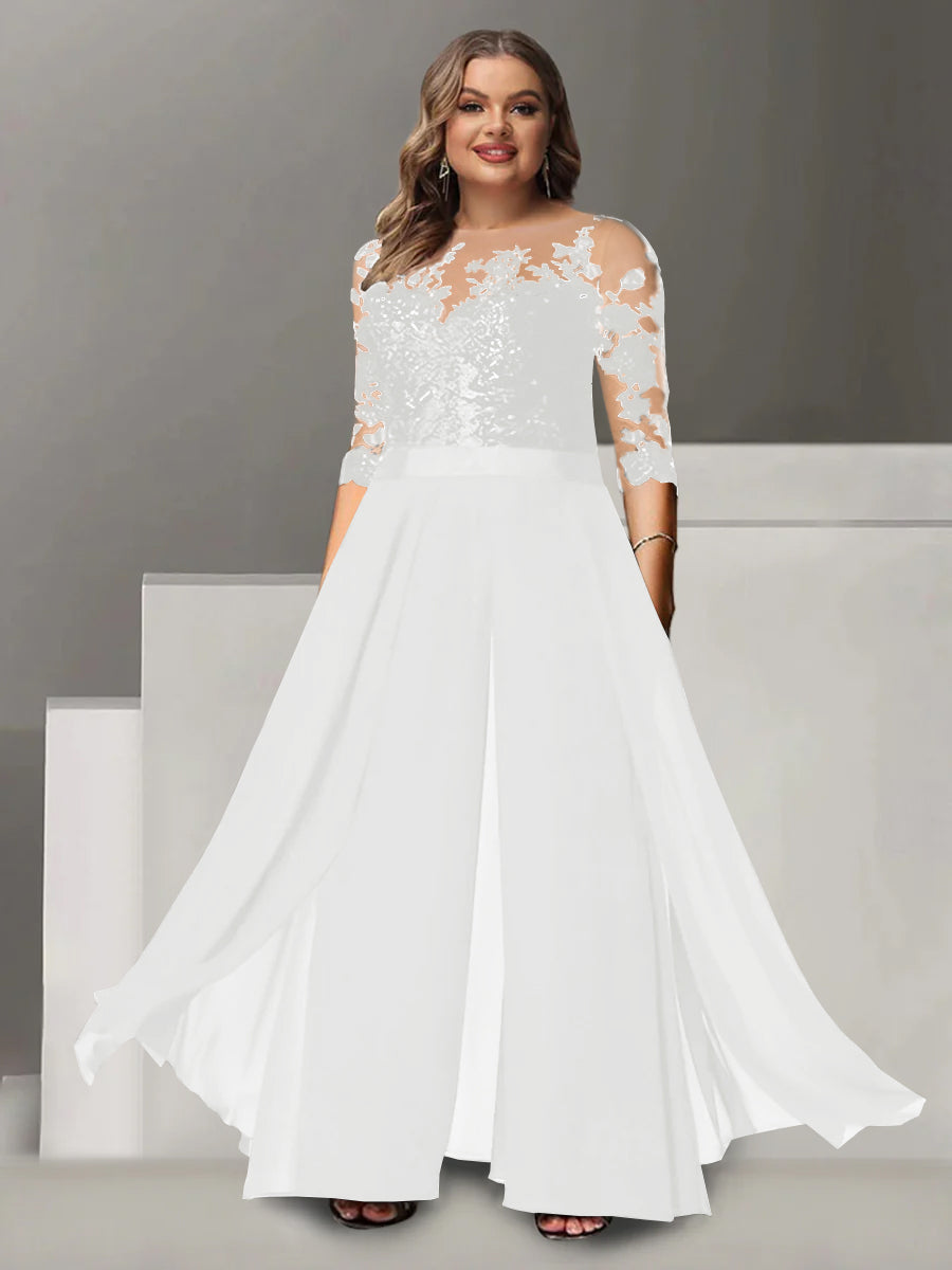 A Line Long Plus Size Mother of the Bride Pantsuit with Applique and 3/4 Sleeves Jewel Neck