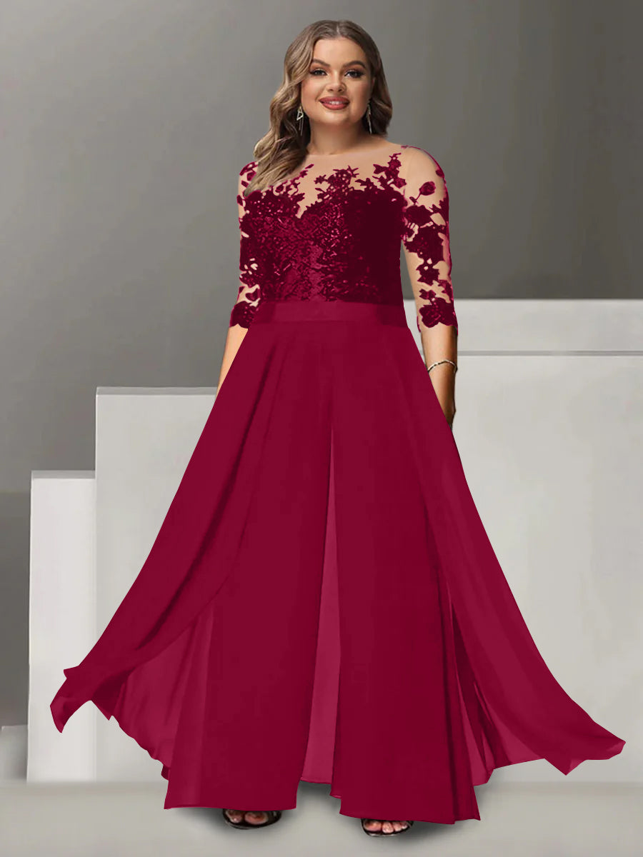 A Line Long Plus Size Mother of the Bride Pantsuit with Applique and 3/4 Sleeves Jewel Neck