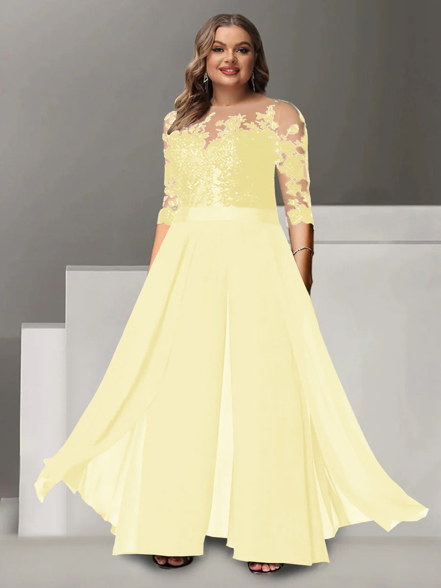 A Line Long Plus Size Mother of the Bride Pantsuit with Applique and 3/4 Sleeves Jewel Neck
