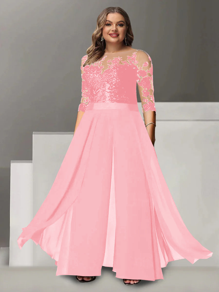 A Line Long Plus Size Mother of the Bride Pantsuit with Applique and 3/4 Sleeves Jewel Neck