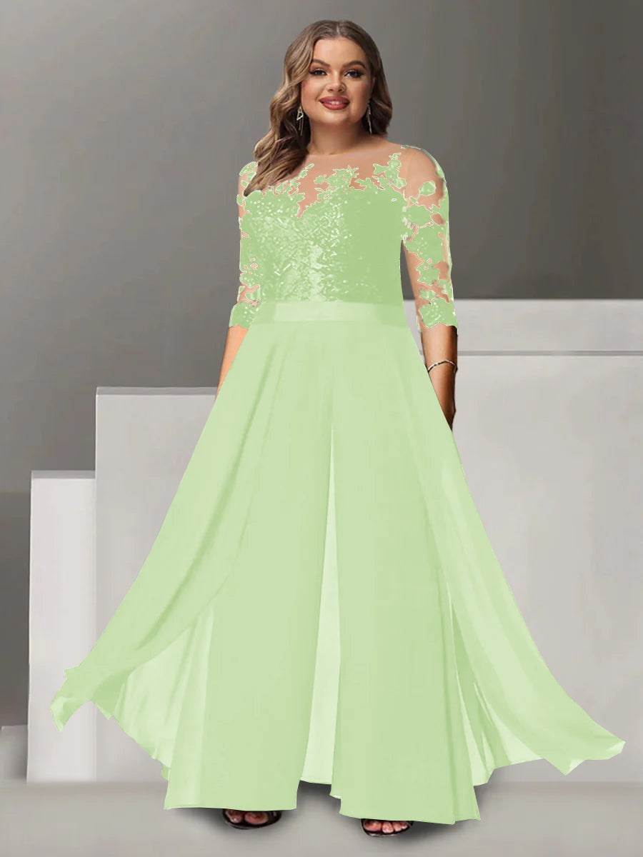 A Line Long Plus Size Mother of the Bride Pantsuit with Applique and 3/4 Sleeves Jewel Neck