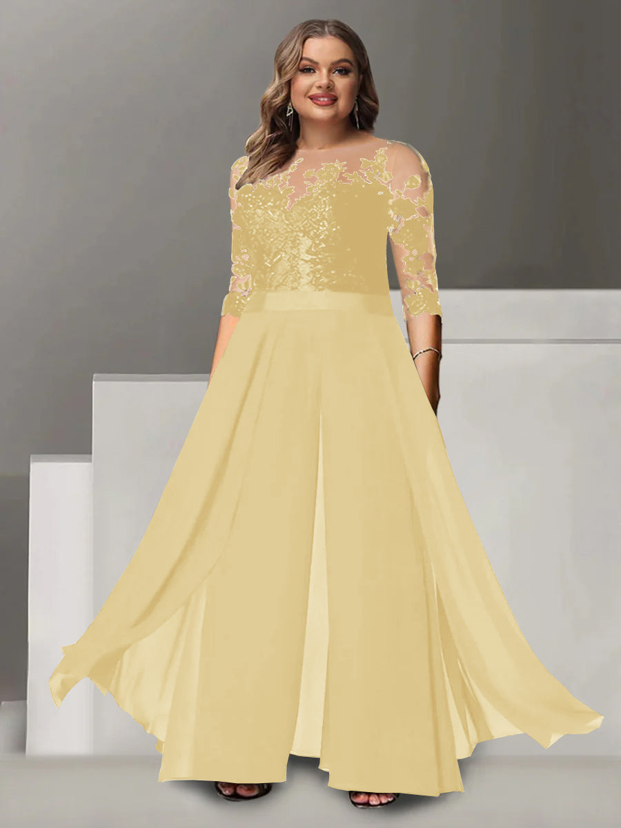 A Line Long Plus Size Mother of the Bride Pantsuit with Applique and 3/4 Sleeves Jewel Neck