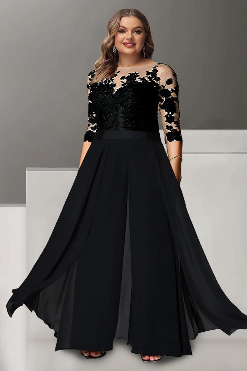 A Line Long Plus Size Mother of the Bride Pantsuit with Applique and 3/4 Sleeves Jewel Neck