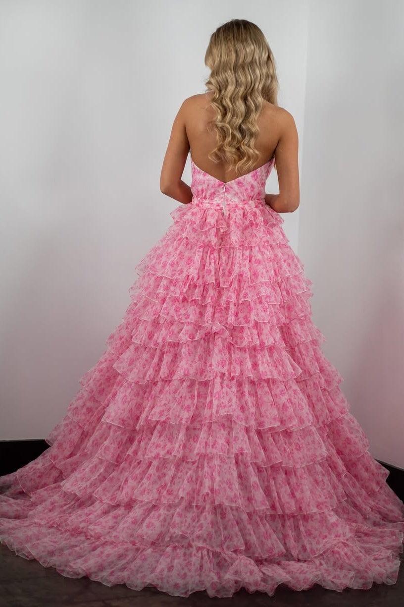 Suzhoufashion Princess A Line Halter Neck Pink Printed Tulle Long Prom Dress With Ruffles Formal Evening Gown