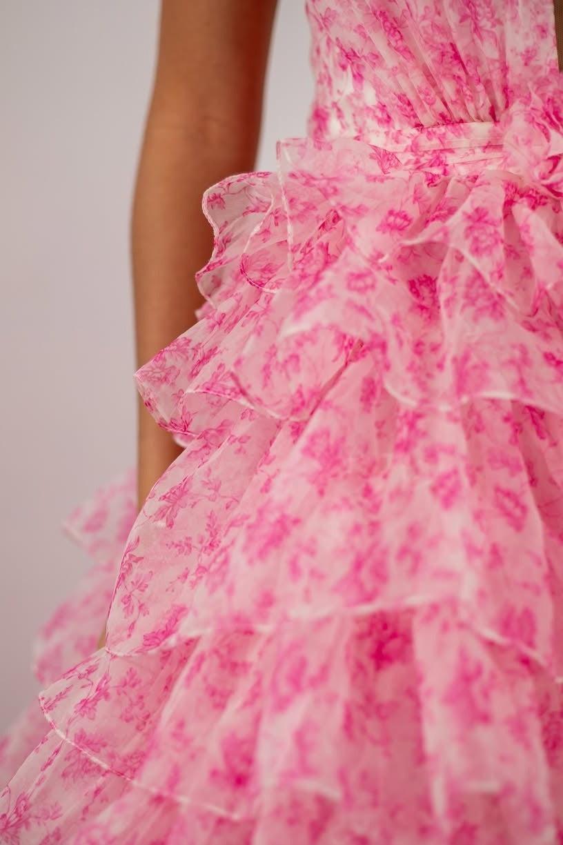 Suzhoufashion Princess A Line Halter Neck Pink Printed Tulle Long Prom Dress With Ruffles Formal Evening Gown