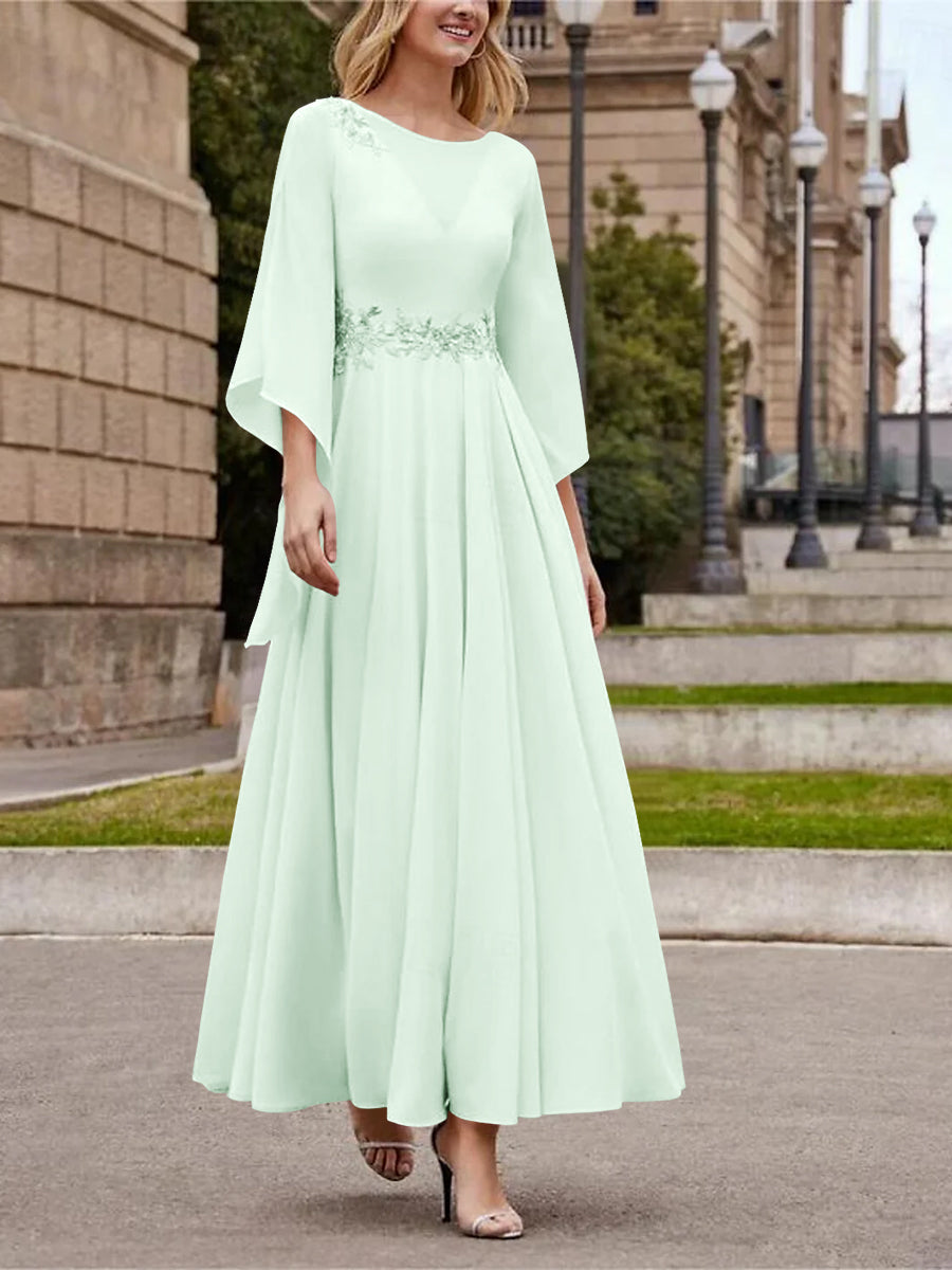 A Line Jewel Neck 3/4 Sleeve Sequined Ankle Length Mother of the Bride Gown