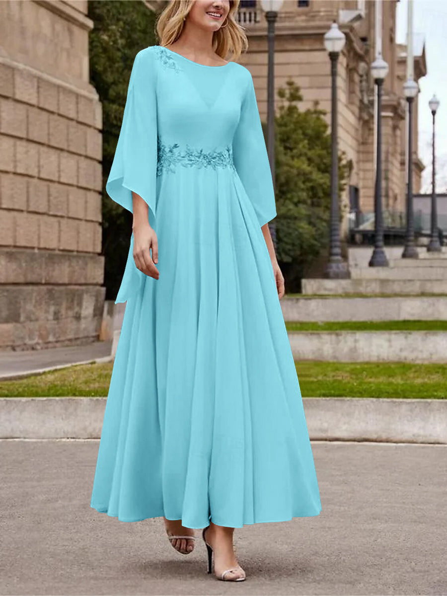 A Line Jewel Neck 3/4 Sleeve Sequined Ankle Length Mother of the Bride Gown