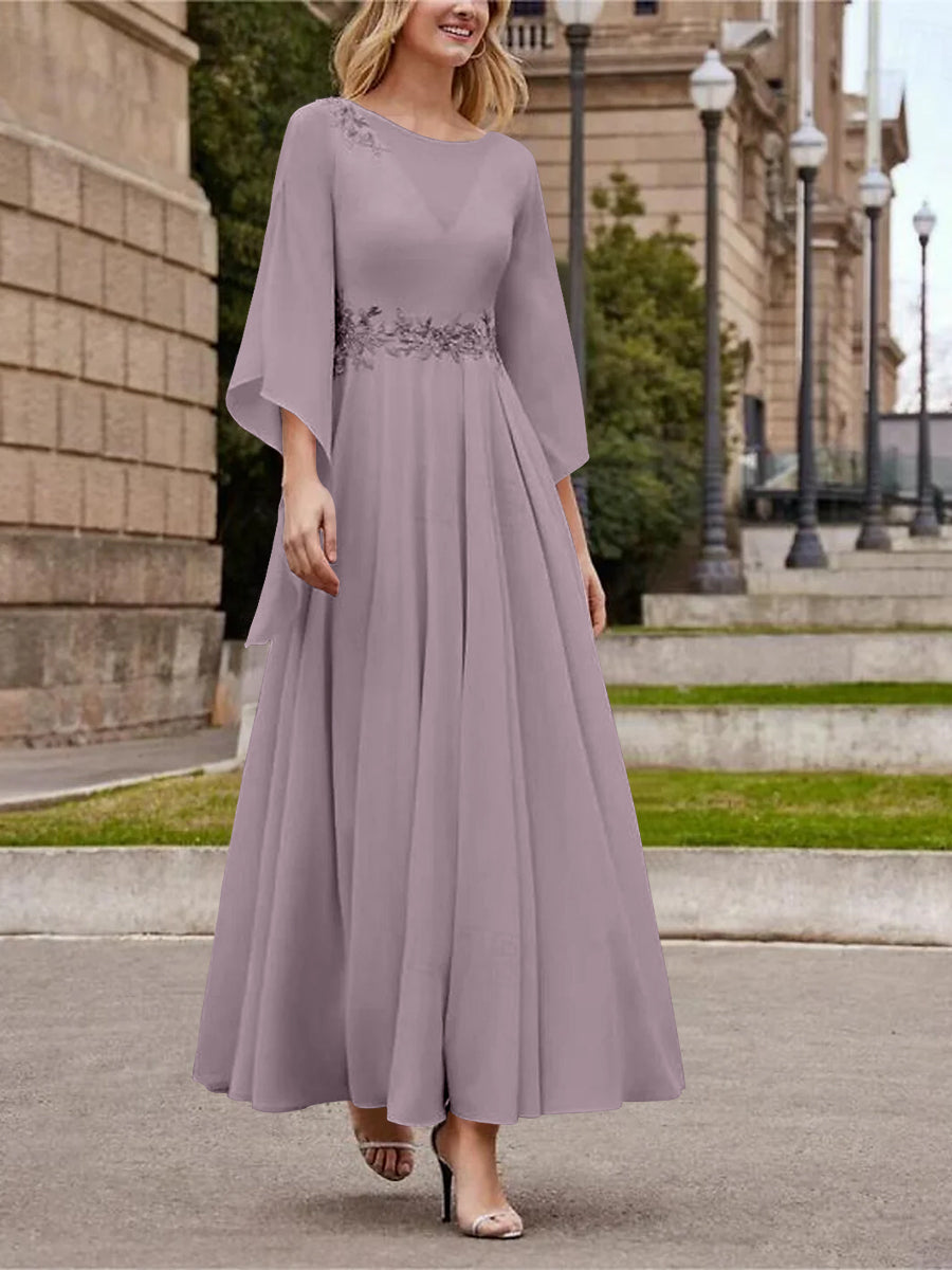 A Line Jewel Neck 3/4 Sleeve Sequined Ankle Length Mother of the Bride Gown