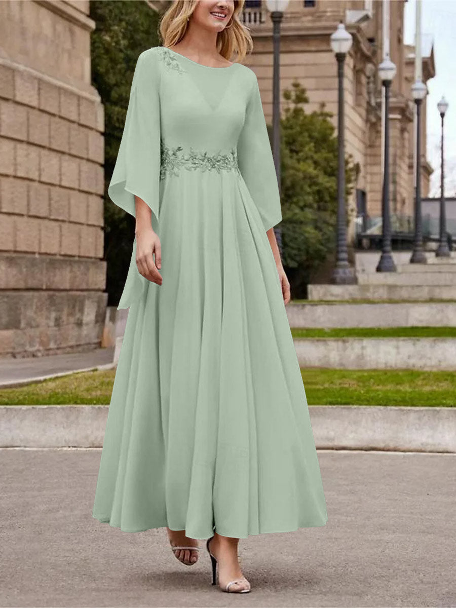 A Line Jewel Neck 3/4 Sleeve Sequined Ankle Length Mother of the Bride Gown