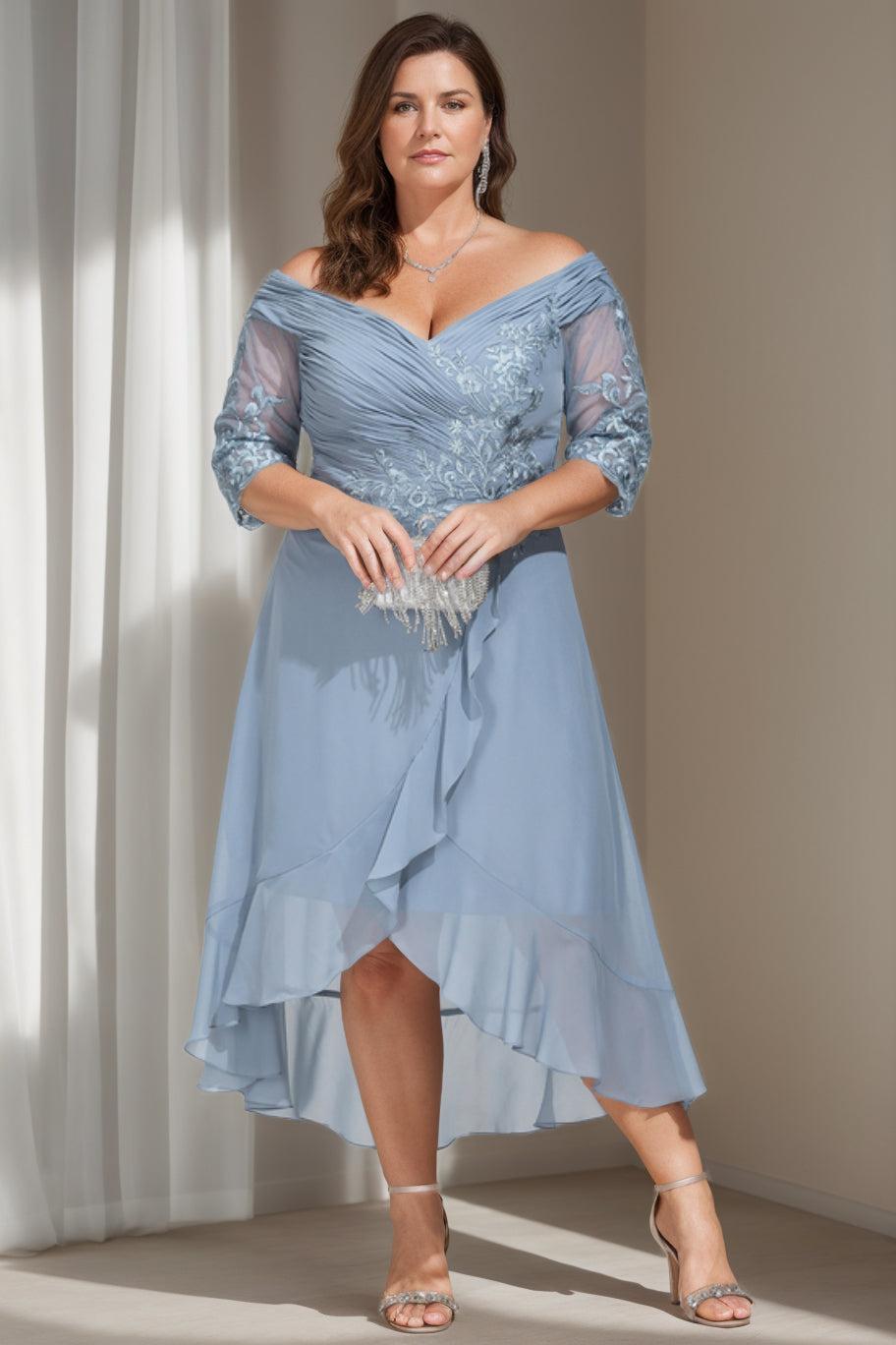 A Line Off the Shoulder Asymmetrical Plus Size Mother of the Bride Gown with 3/4 Sleeves and Sequins
