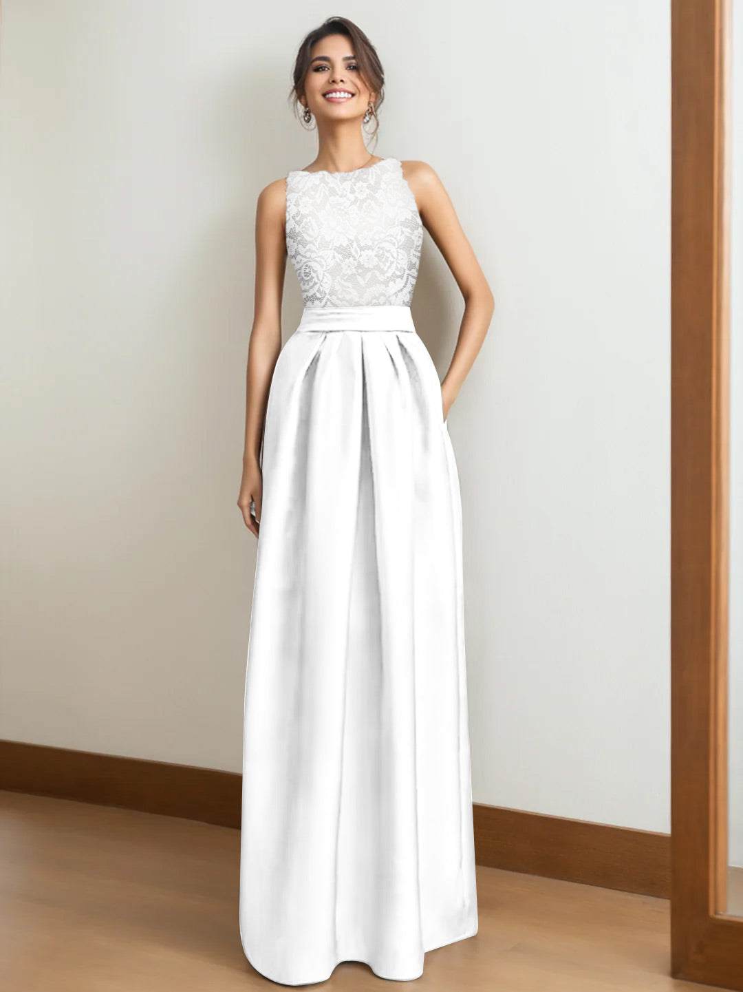 A Line Scoop Neck Sleeveless Pleated Mother of the Bride Dress with Lace Appliques