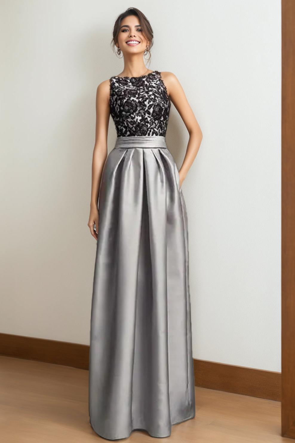 A Line Scoop Neck Sleeveless Pleated Mother of the Bride Dress with Lace Appliques
