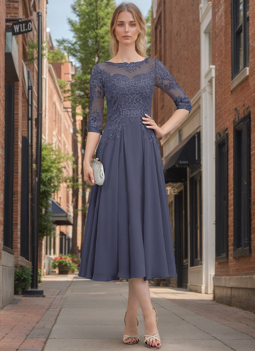 A Line Scoop Neck Tea Length Mother of the Bride Dress with Lace and Appliques