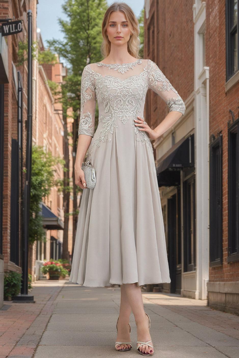 A Line Scoop Neck Tea Length Mother of the Bride Dress with Lace and Appliques