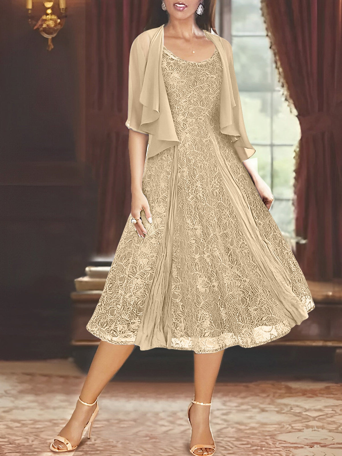 A Line Tea Length Mother of the Bride Dress with Scoop Neck Half Sleeves Appliques and Jacket