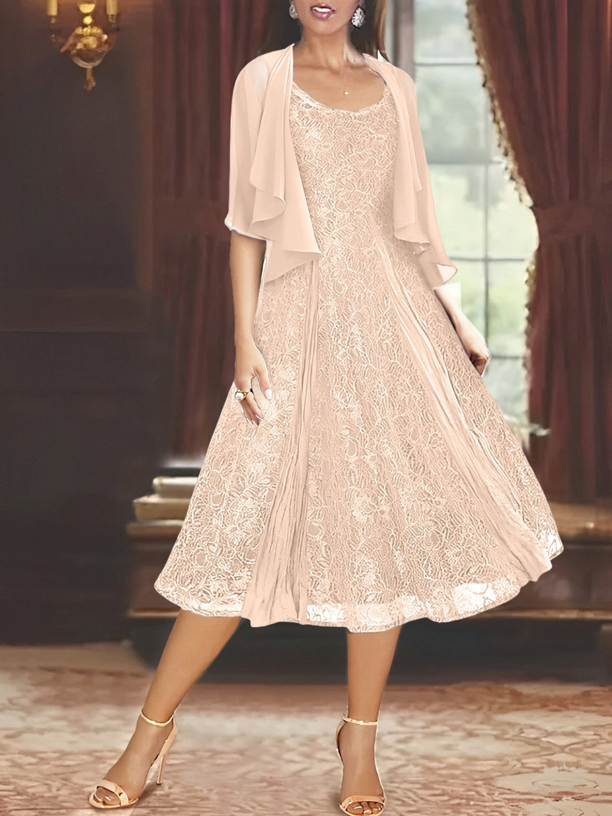 A Line Tea Length Mother of the Bride Dress with Scoop Neck Half Sleeves Appliques and Jacket