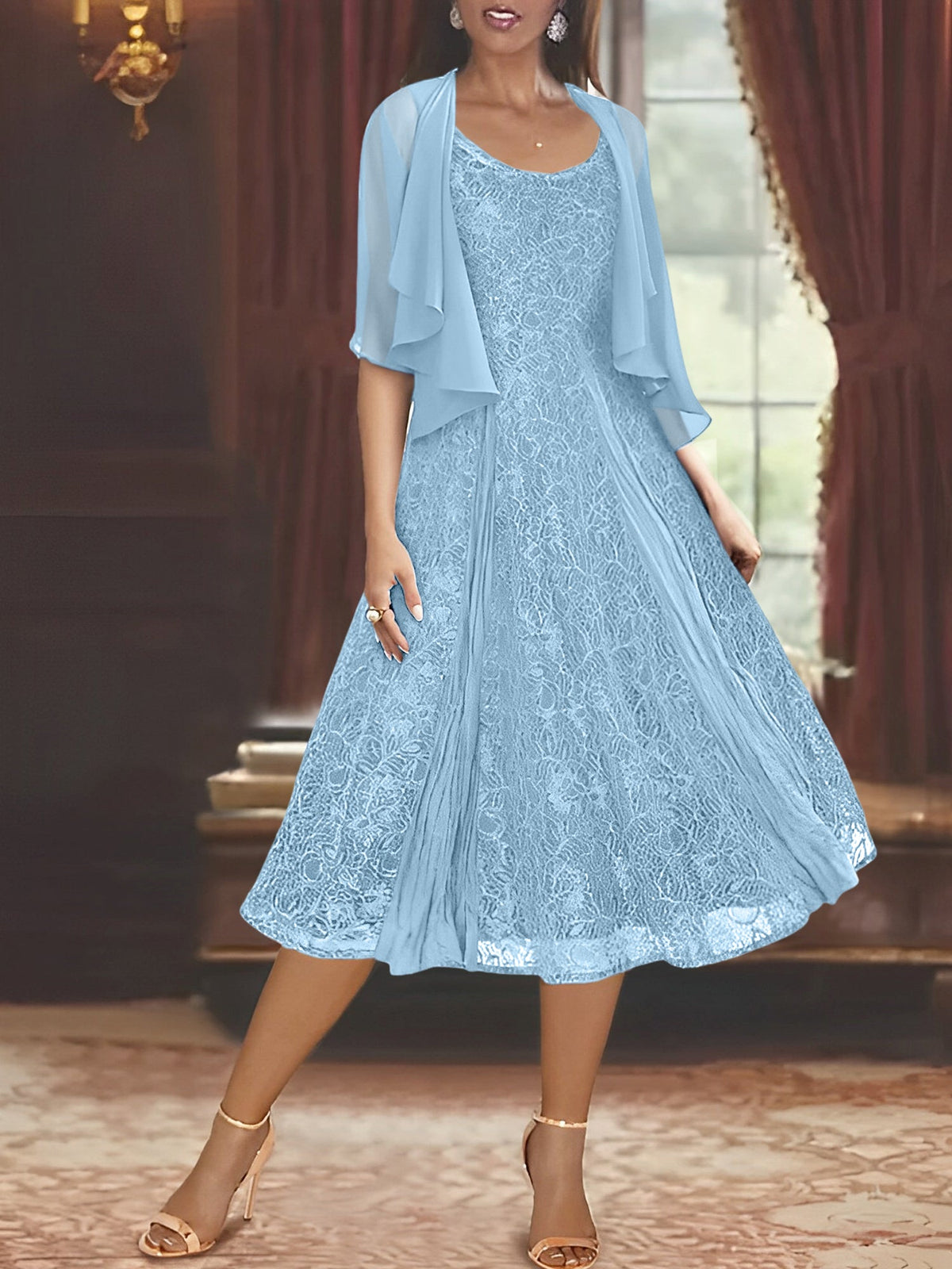 A Line Tea Length Mother of the Bride Dress with Scoop Neck Half Sleeves Appliques and Jacket