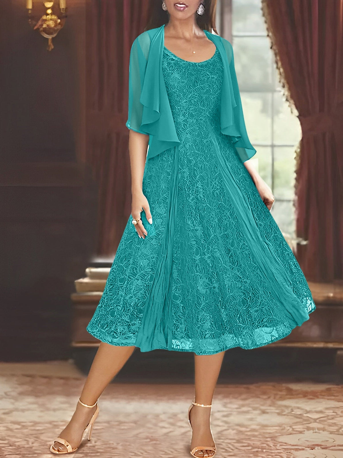 A Line Tea Length Mother of the Bride Dress with Scoop Neck Half Sleeves Appliques and Jacket