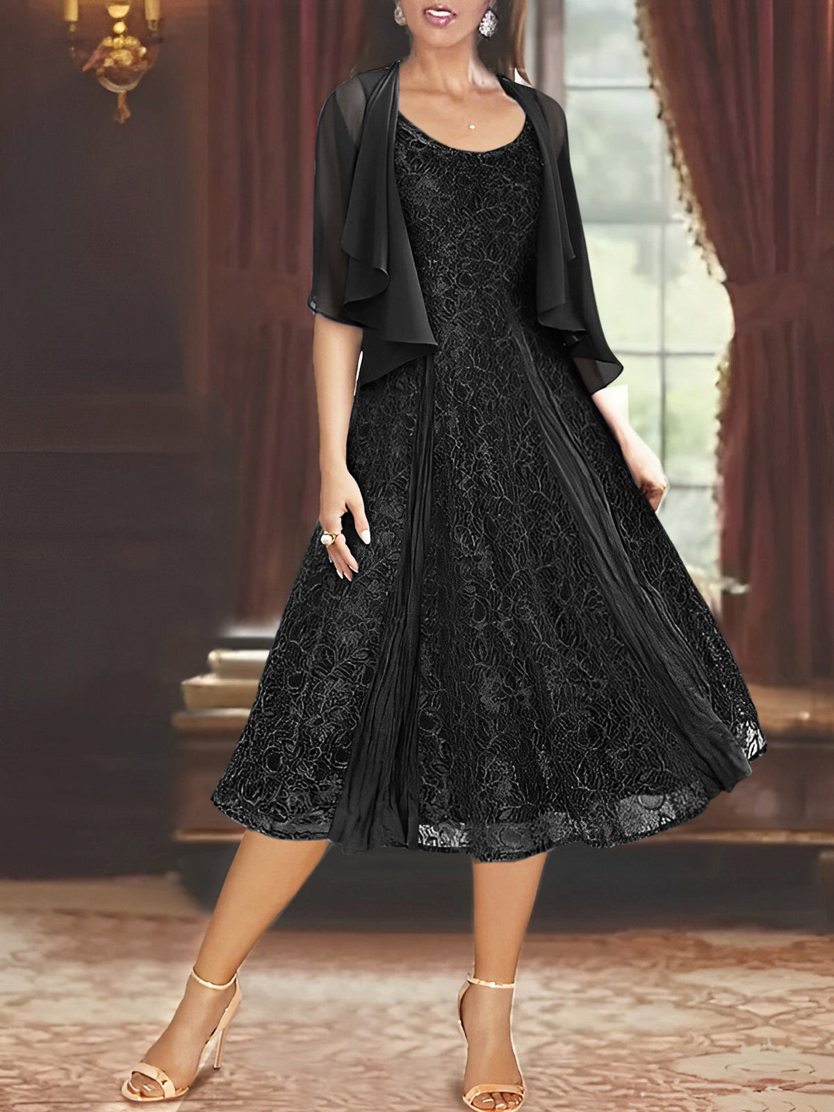 A Line Tea Length Mother of the Bride Dress with Scoop Neck Half Sleeves Appliques and Jacket