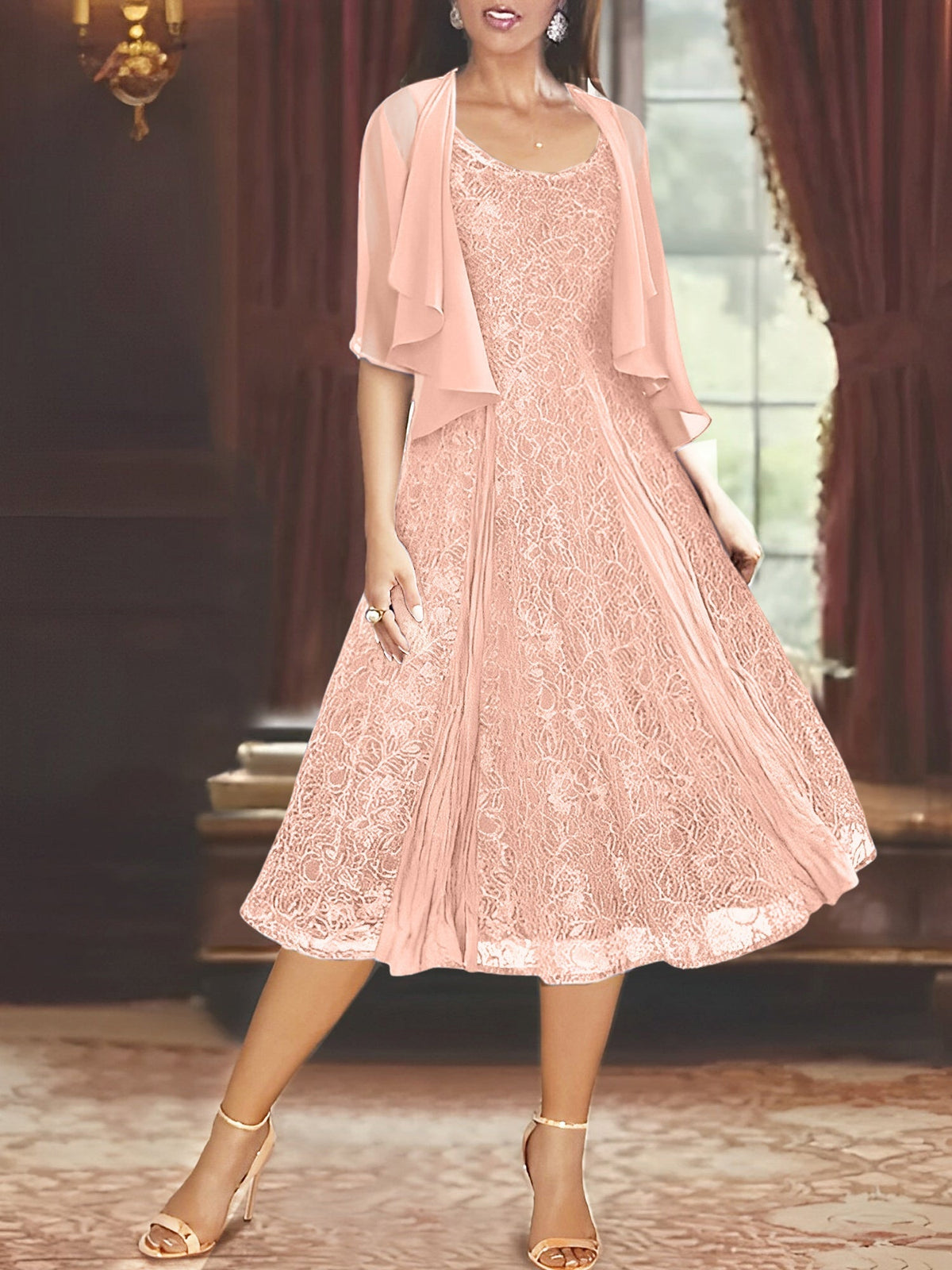 A Line Tea Length Mother of the Bride Dress with Scoop Neck Half Sleeves Appliques and Jacket
