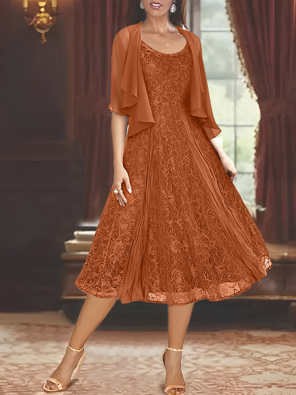 A Line Tea Length Mother of the Bride Dress with Scoop Neck Half Sleeves Appliques and Jacket