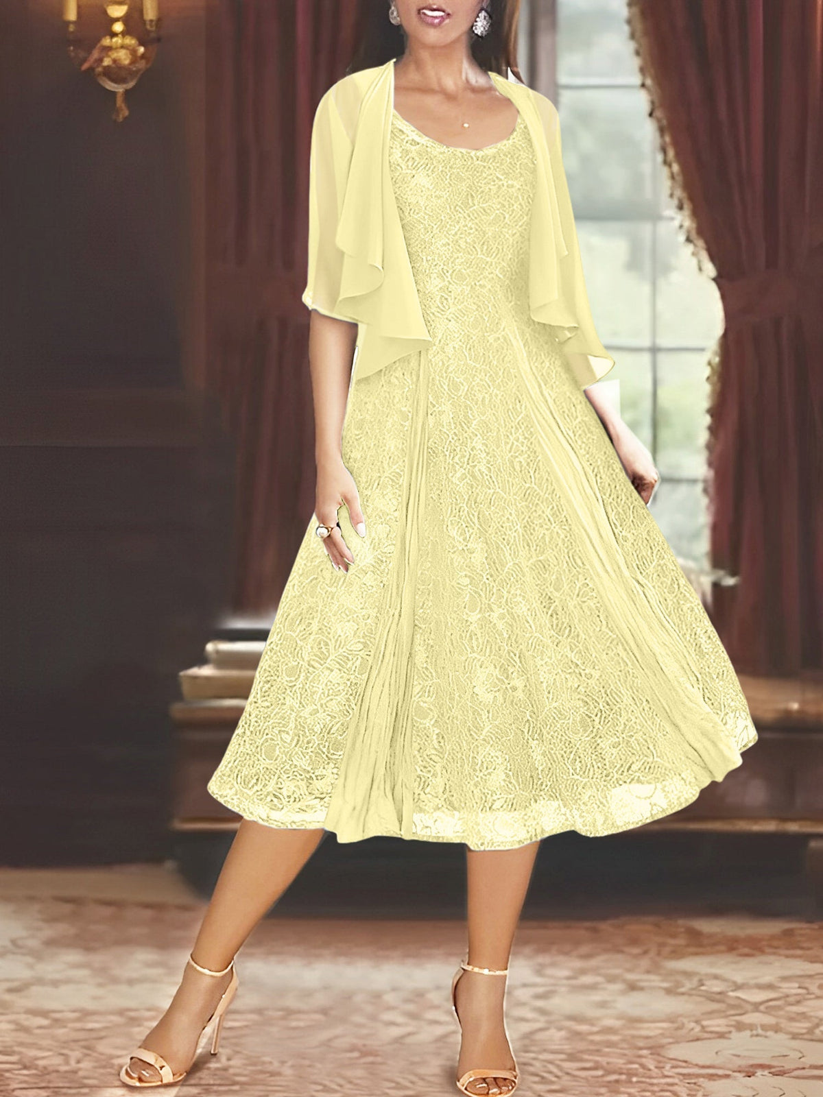 A Line Tea Length Mother of the Bride Dress with Scoop Neck Half Sleeves Appliques and Jacket