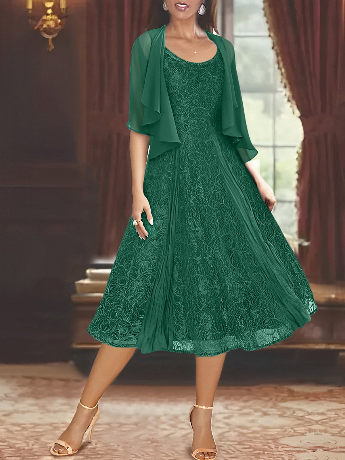 A Line Tea Length Mother of the Bride Dress with Scoop Neck Half Sleeves Appliques and Jacket