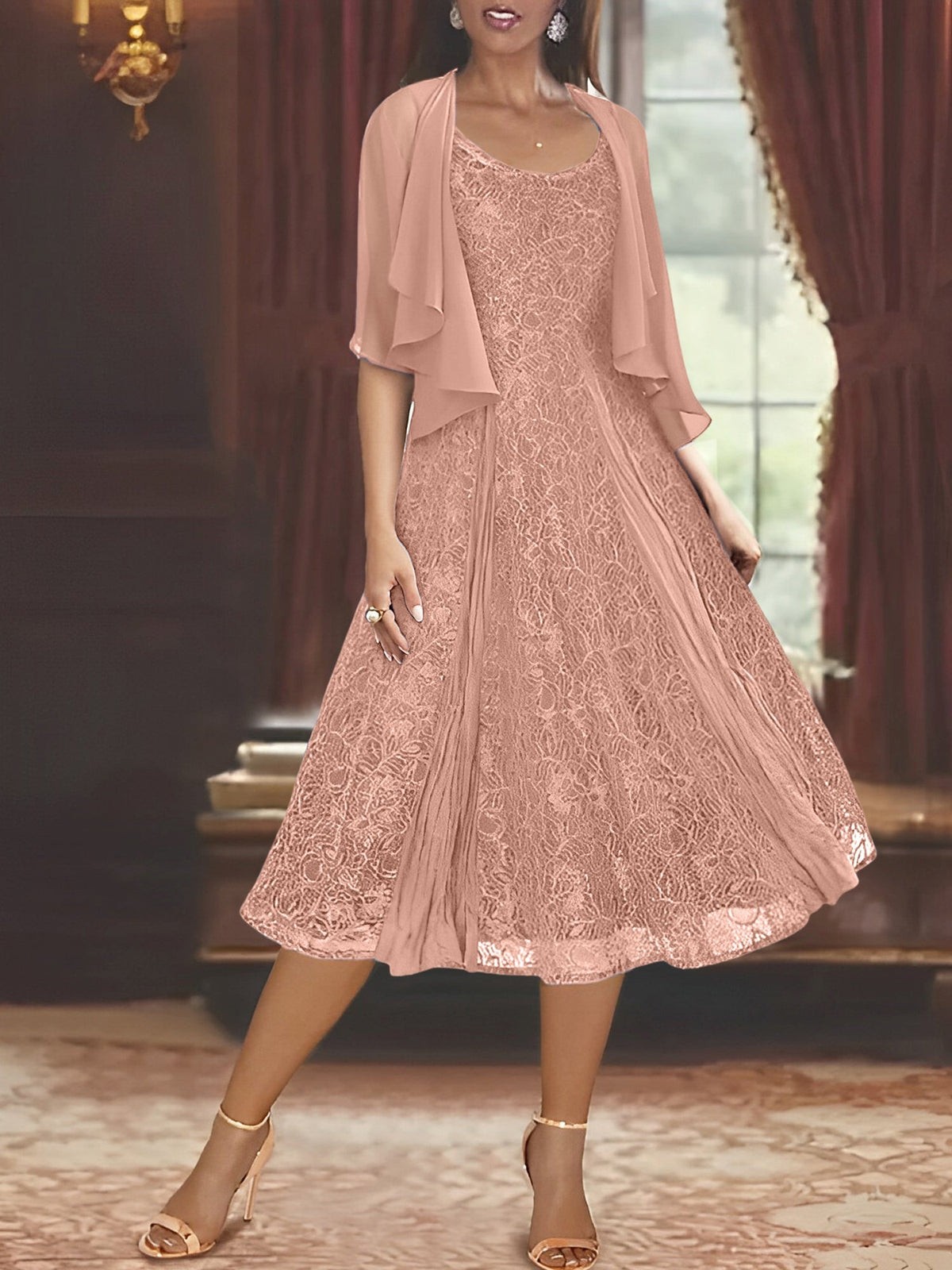 A Line Tea Length Mother of the Bride Dress with Scoop Neck Half Sleeves Appliques and Jacket
