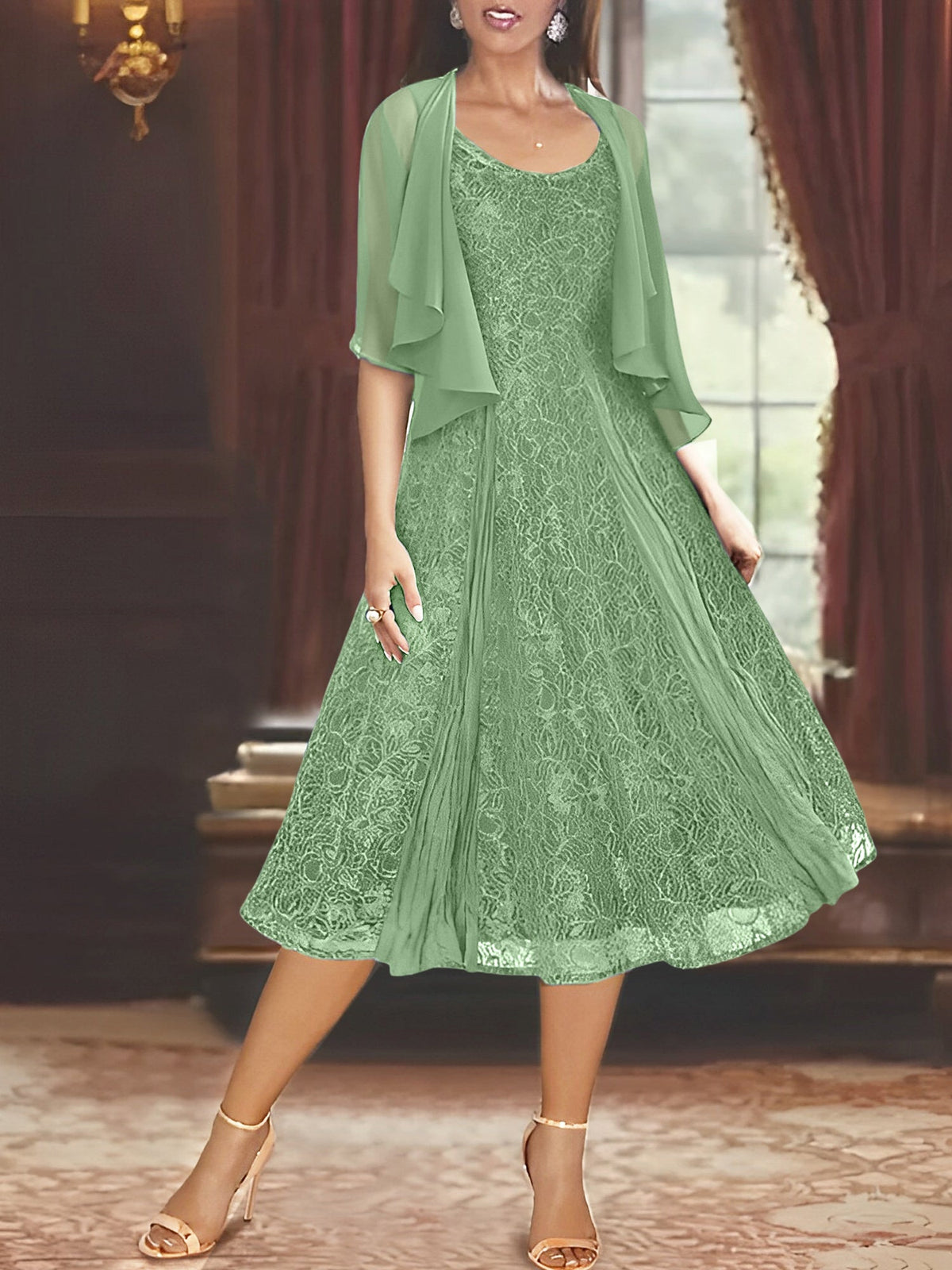 A Line Tea Length Mother of the Bride Dress with Scoop Neck Half Sleeves Appliques and Jacket