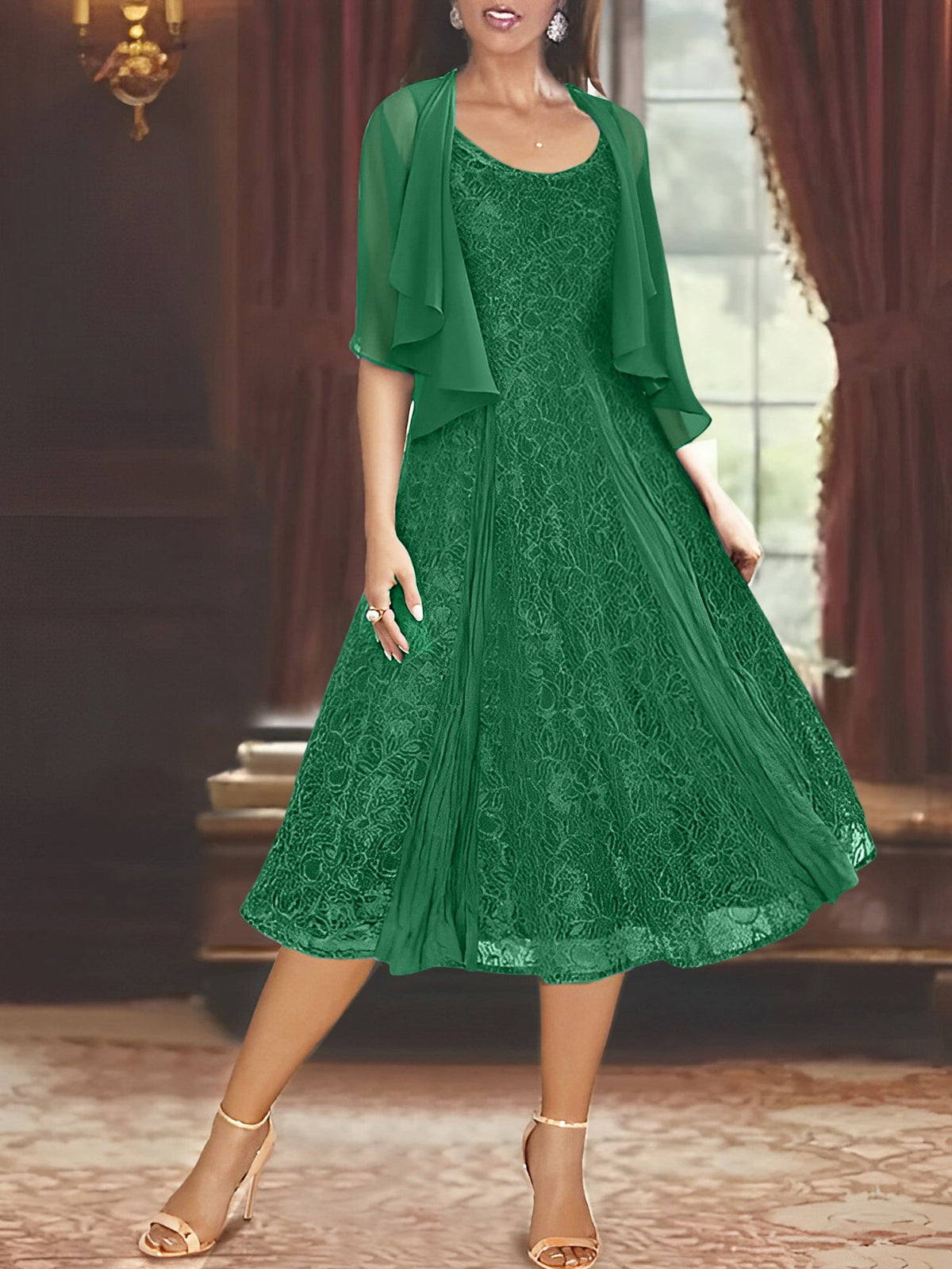 A Line Tea Length Mother of the Bride Dress with Scoop Neck Half Sleeves Appliques and Jacket