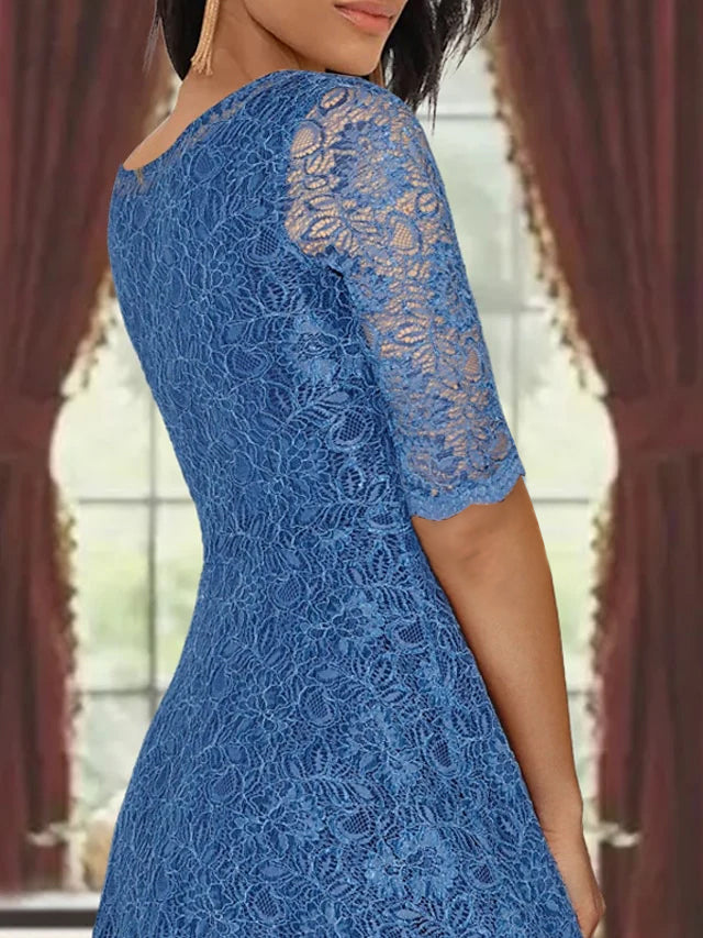 A Line Tea Length Mother of the Bride Dress with Scoop Neck Half Sleeves Appliques and Jacket