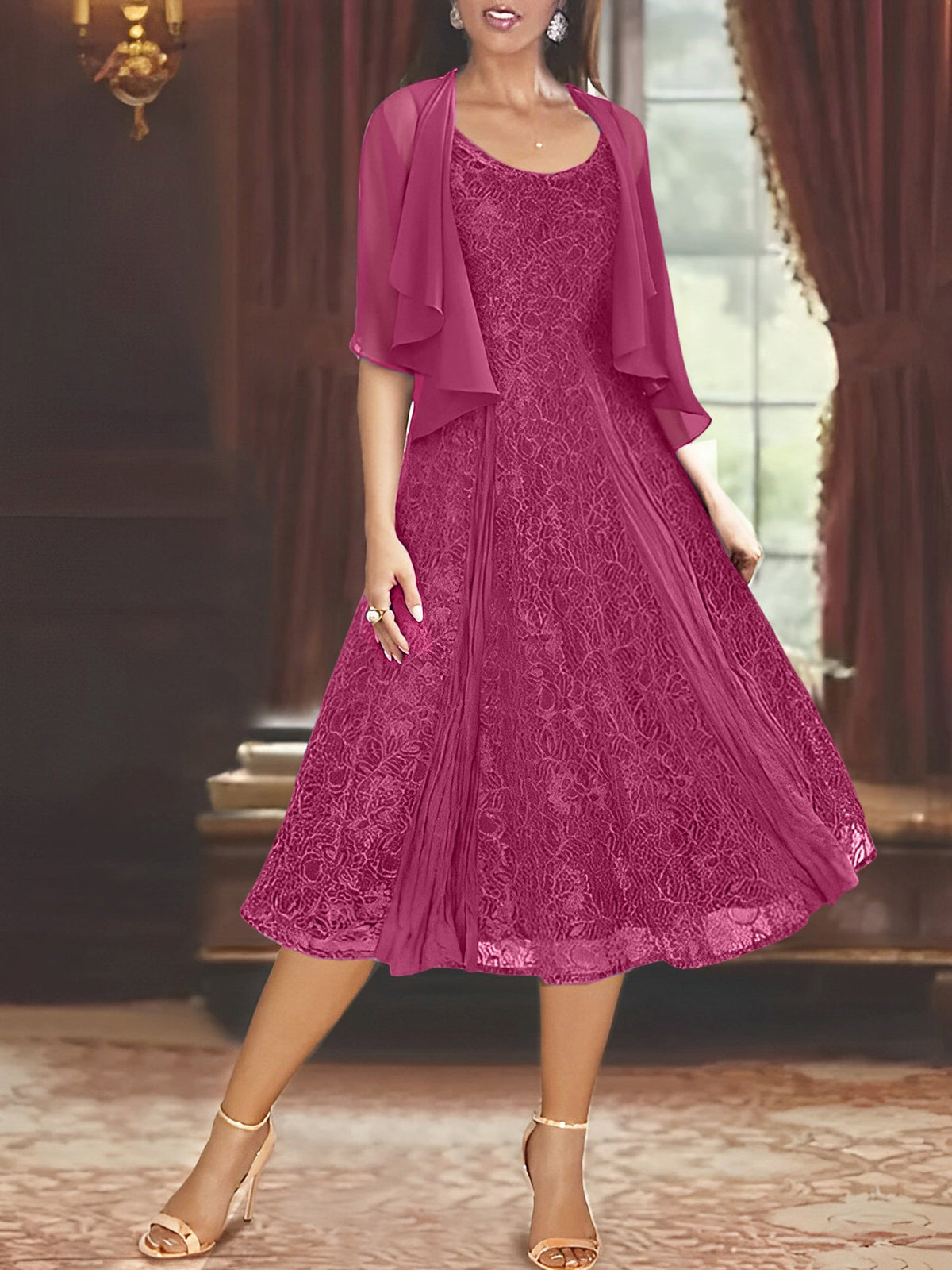 A Line Tea Length Mother of the Bride Dress with Scoop Neck Half Sleeves Appliques and Jacket