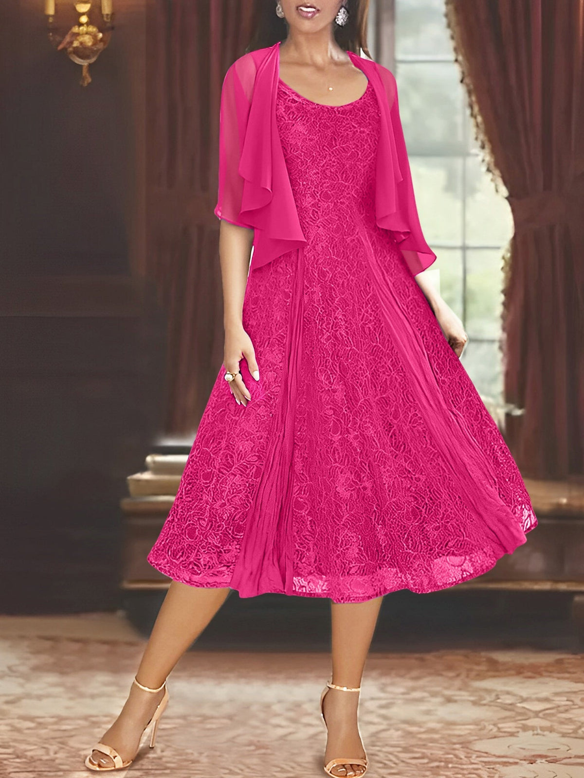 A Line Tea Length Mother of the Bride Dress with Scoop Neck Half Sleeves Appliques and Jacket