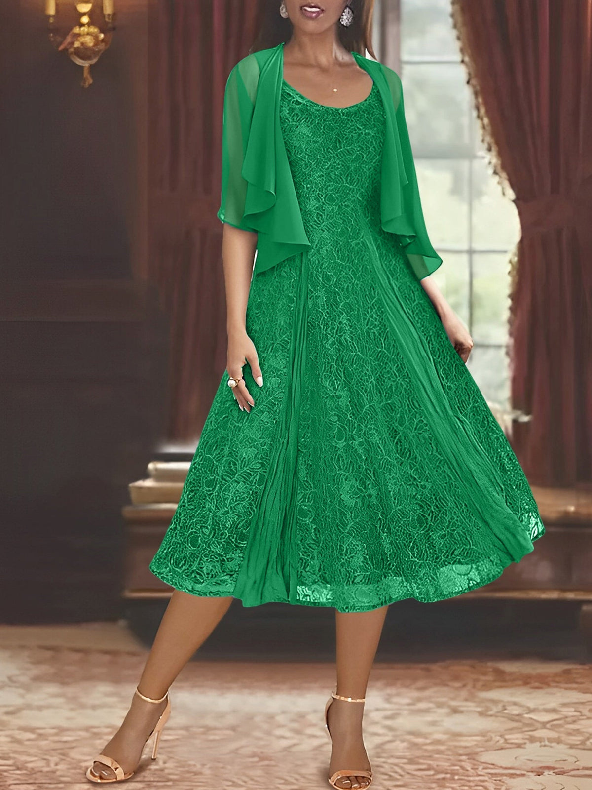 A Line Tea Length Mother of the Bride Dress with Scoop Neck Half Sleeves Appliques and Jacket