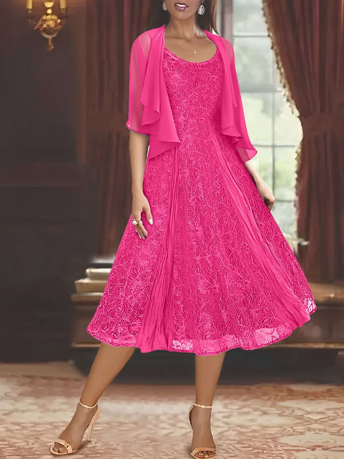 A Line Tea Length Mother of the Bride Dress with Scoop Neck Half Sleeves Appliques and Jacket