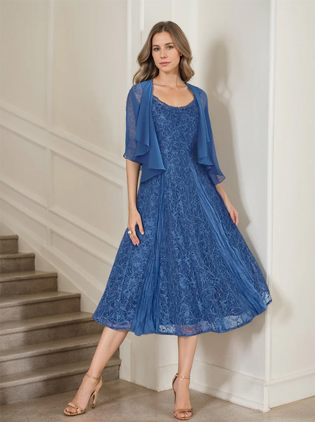A Line Tea Length Mother of the Bride Dress with Scoop Neck Half Sleeves Appliques and Jacket