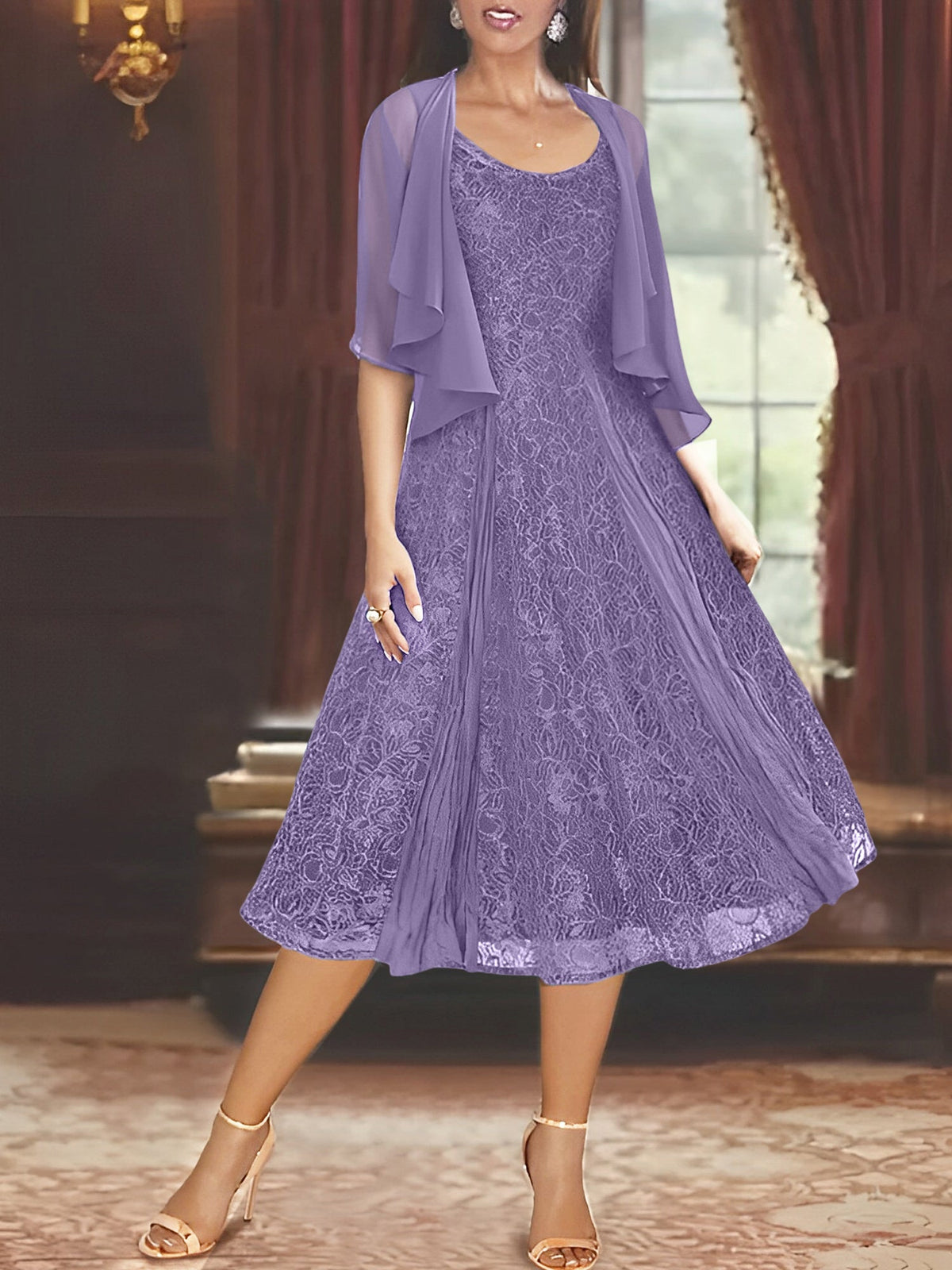 A Line Tea Length Mother of the Bride Dress with Scoop Neck Half Sleeves Appliques and Jacket