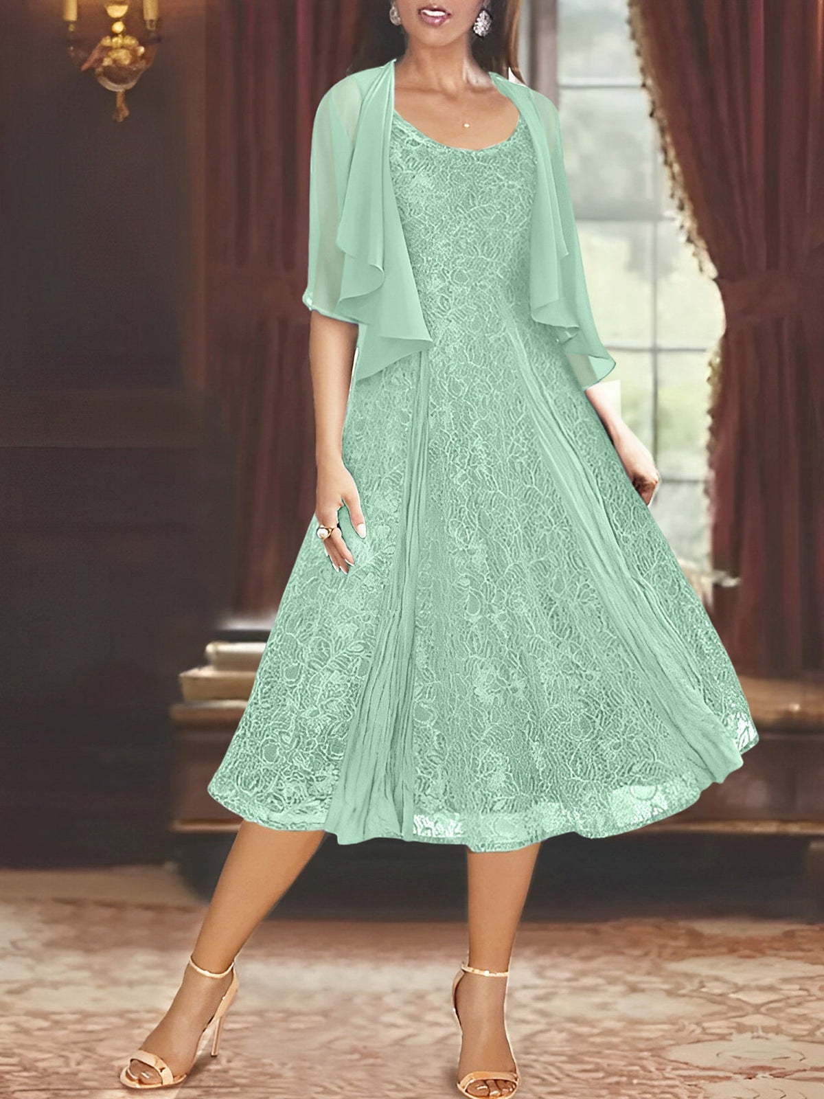 A Line Tea Length Mother of the Bride Dress with Scoop Neck Half Sleeves Appliques and Jacket