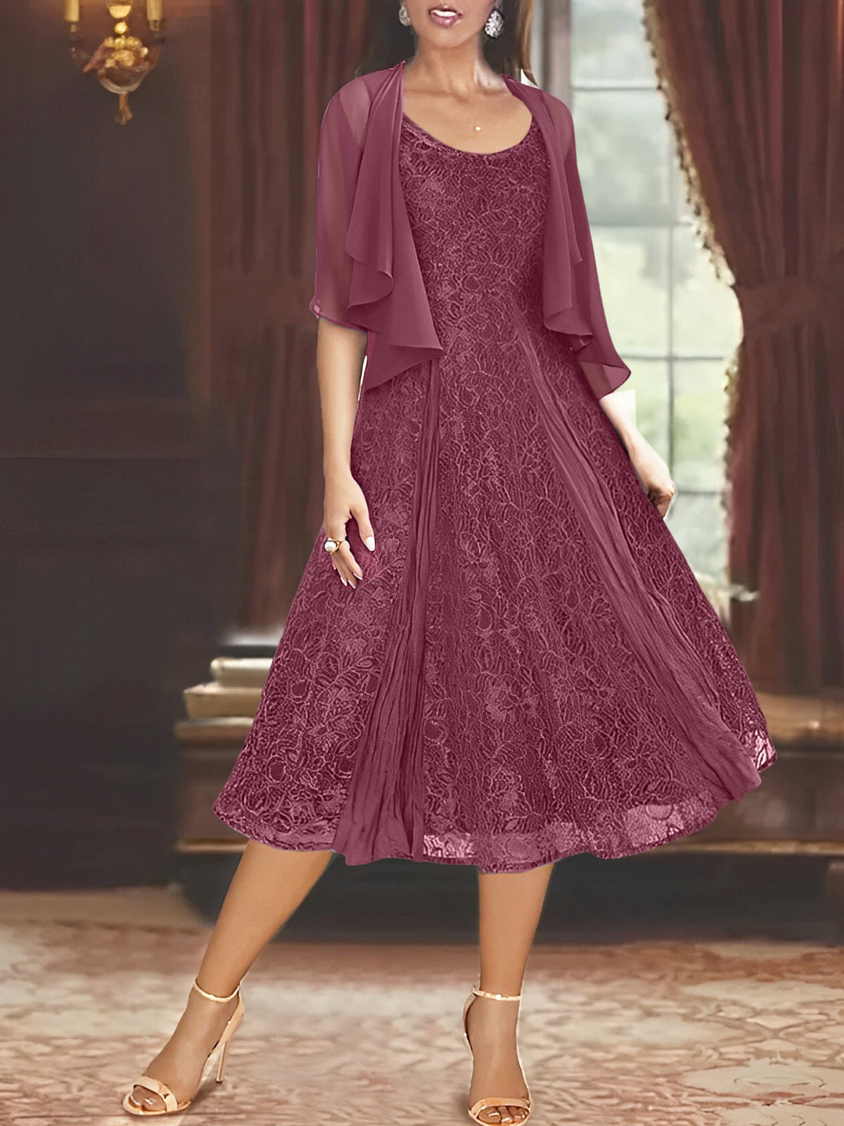 A Line Tea Length Mother of the Bride Dress with Scoop Neck Half Sleeves Appliques and Jacket