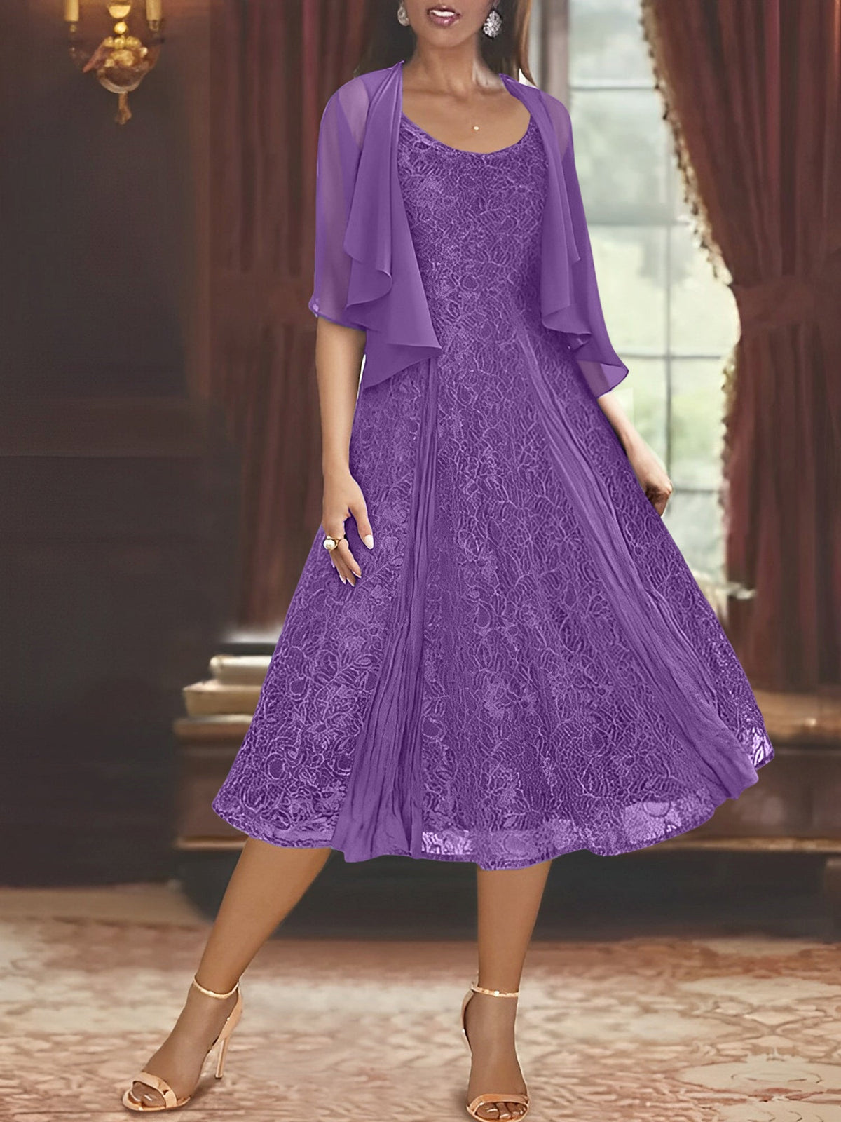 A Line Tea Length Mother of the Bride Dress with Scoop Neck Half Sleeves Appliques and Jacket