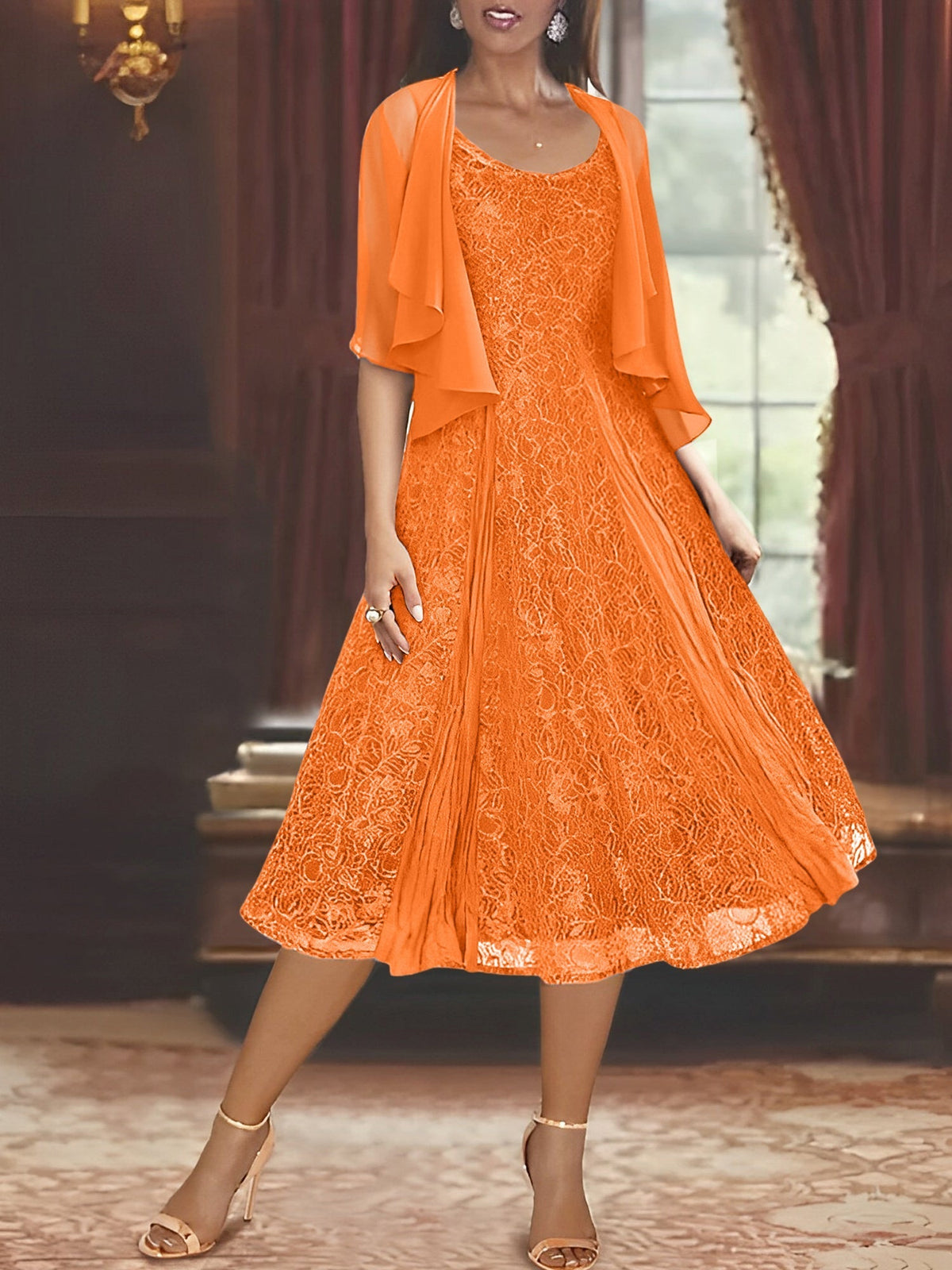 A Line Tea Length Mother of the Bride Dress with Scoop Neck Half Sleeves Appliques and Jacket